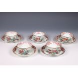 China, set of five famille rose porcelain cups and saucers, Qianlong period (1796-1795),