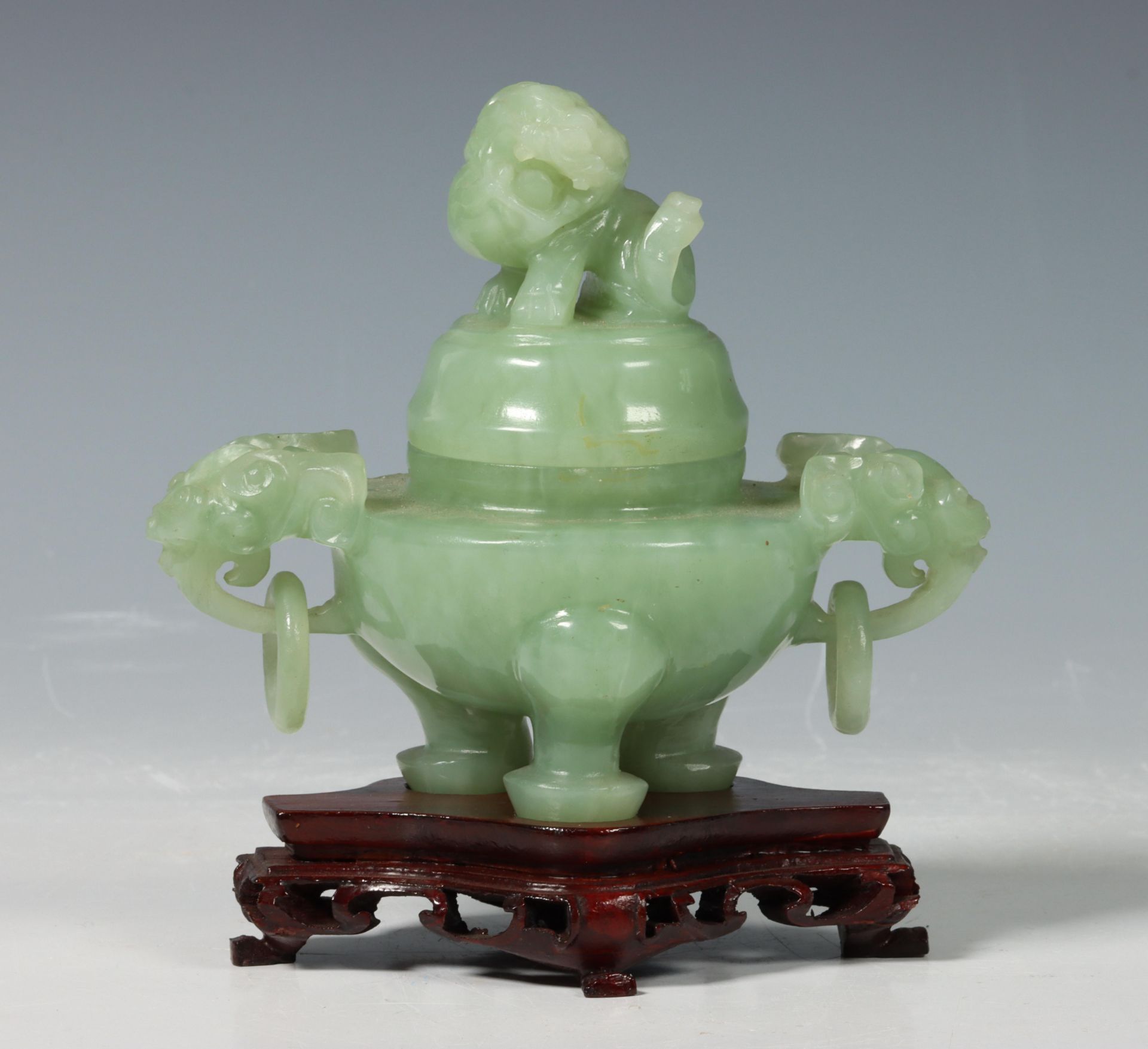 China, small jade-coloured stone tripod censer, 20th century,