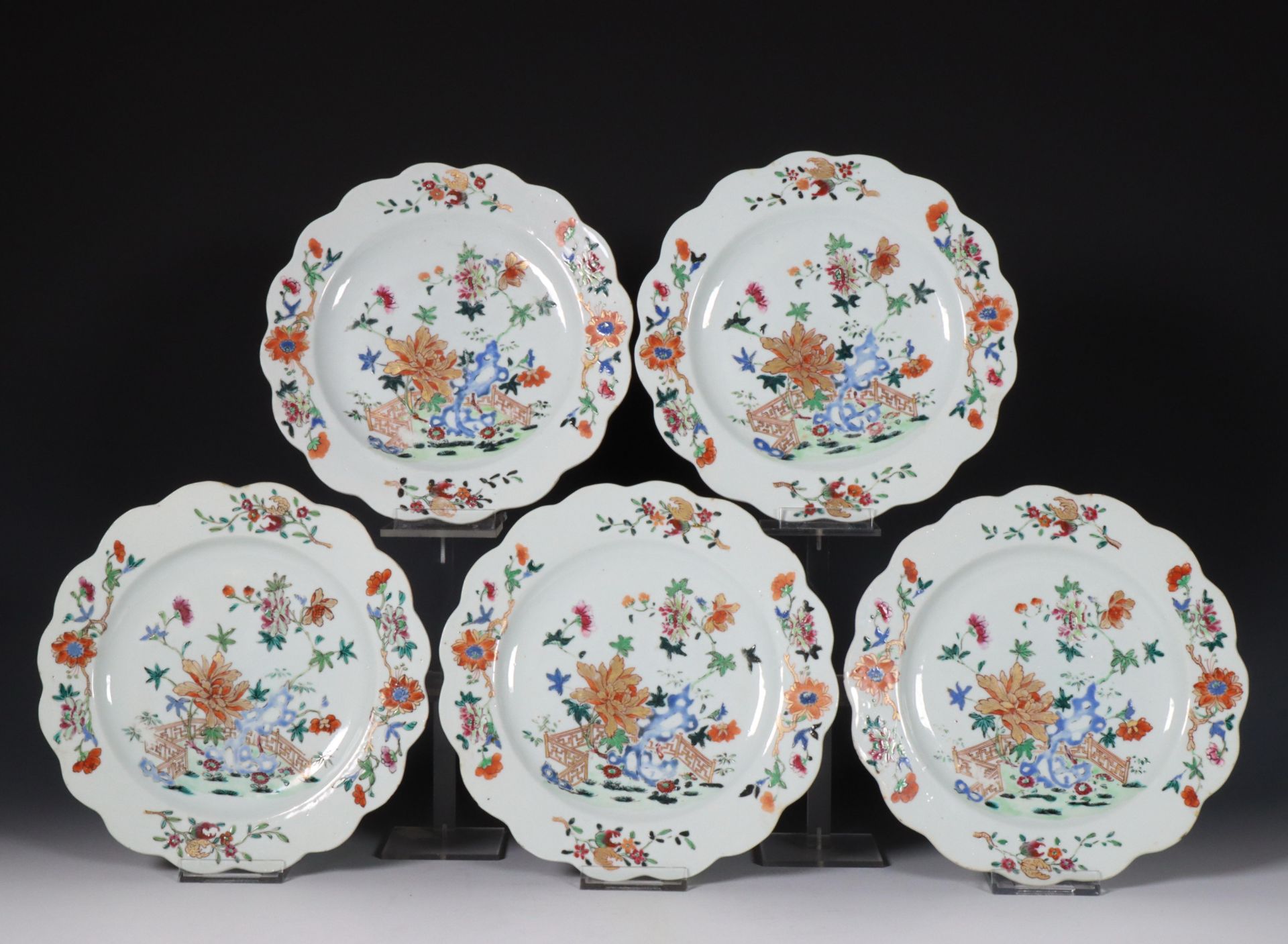 China, set of five famille rose porcelain plates, Qianlong period (1736-1795),