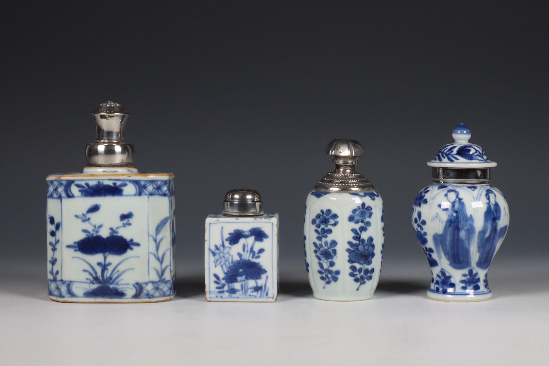 China, four blue and white silver-mounted porcelain caddies, Kangxi period (1662-1722)- 18th century