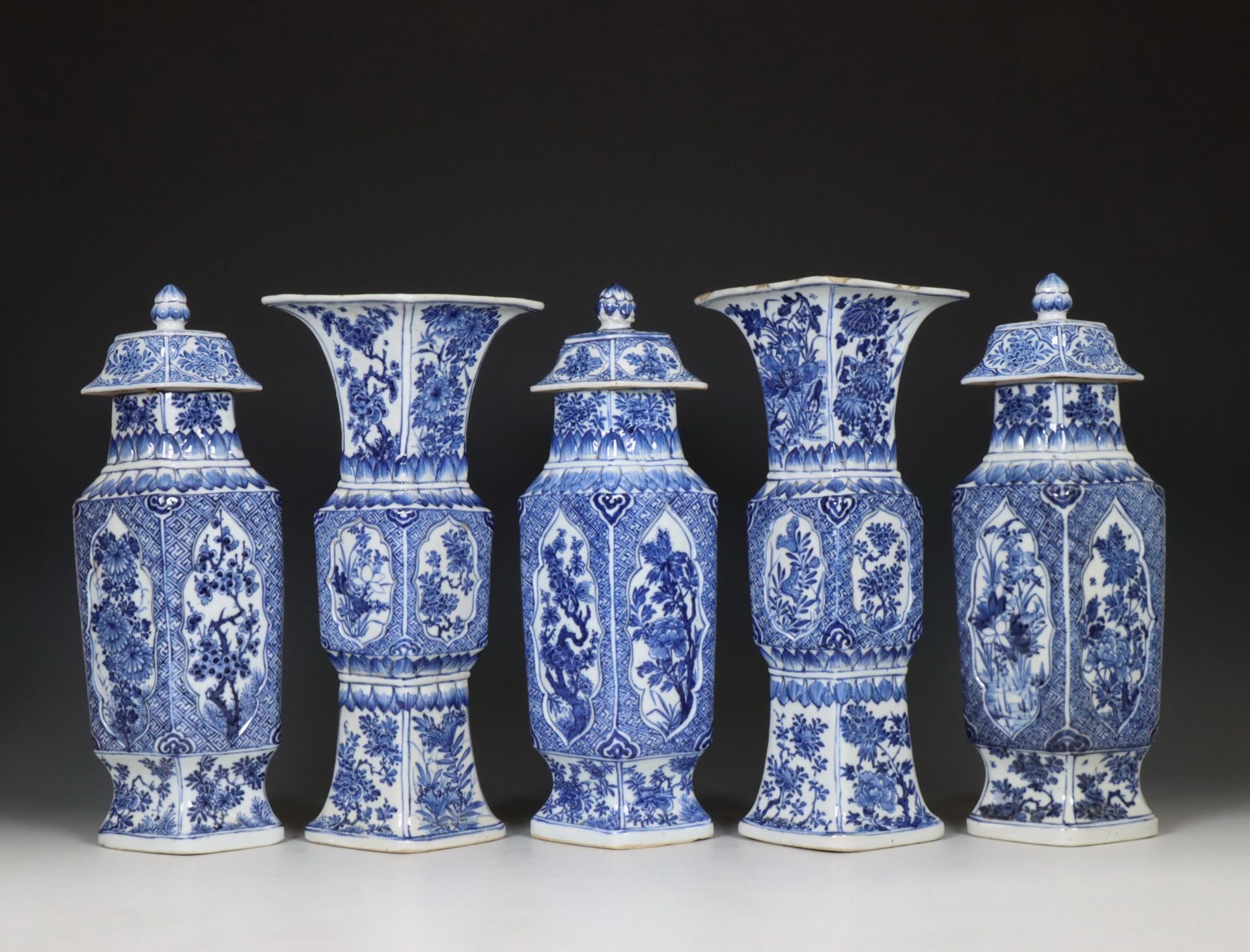 China, blue and white porcelain five-piece lozenge garniture, Kangxi (1662-1722),