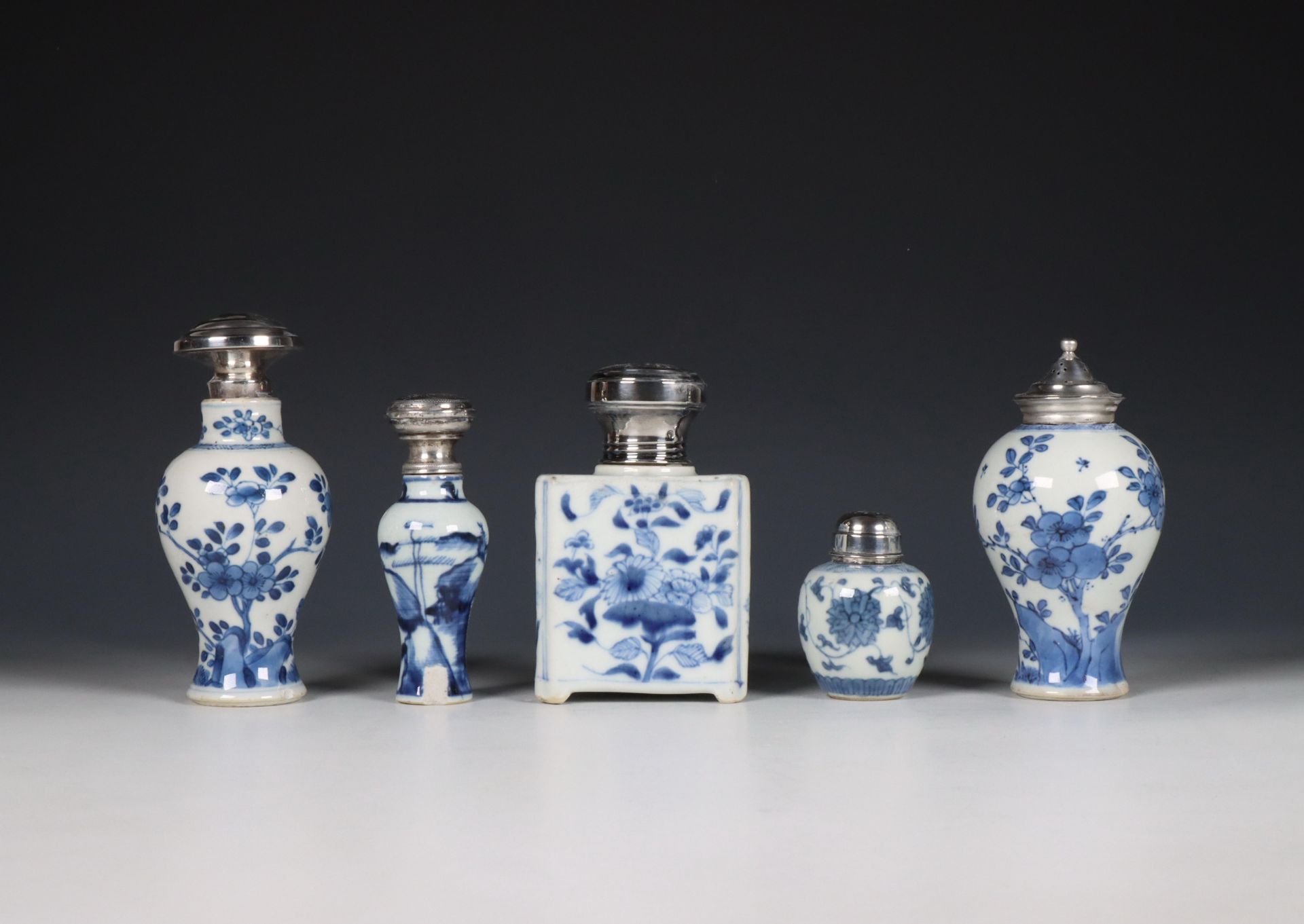 China, collection of blue and white silver-mounted tea-caddies, Kangxi period (1662-1722), the silve