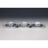 China, set of three small blue and white porcelain teacups and saucers, Kangxi period (1662-1722),