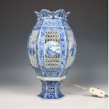 China, blue and white porcelain openworked 'devil ware' lantern on foot, 19th century,