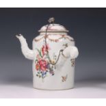China, famille rose porcelain 'Lowestoft' silver-mounted chocolate-pot and cover, 18th century,
