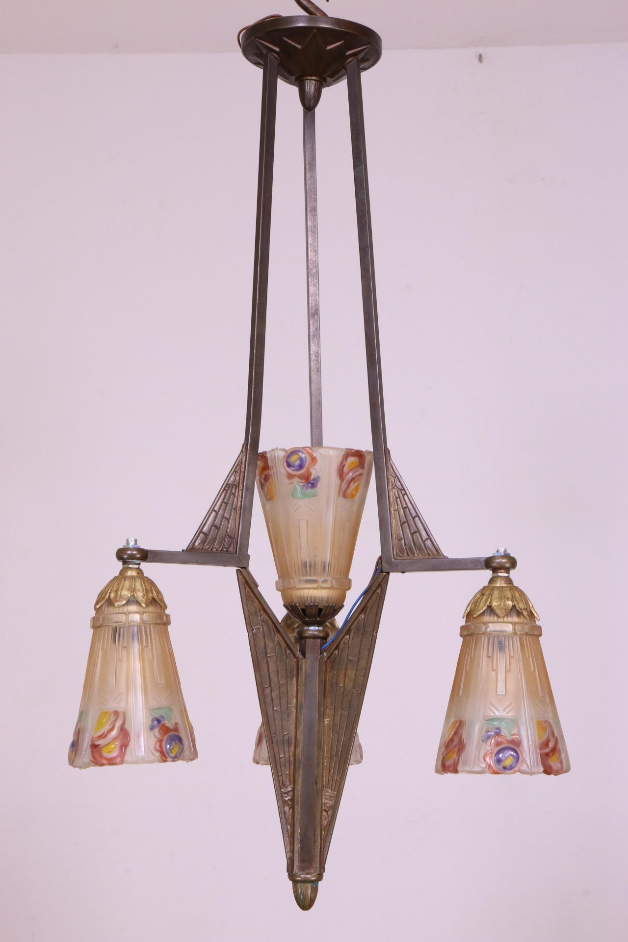 Frankrijk/Belgie, vierlichts nikkelen geometrische hanglamp, Art-Deco; - Image 2 of 2
