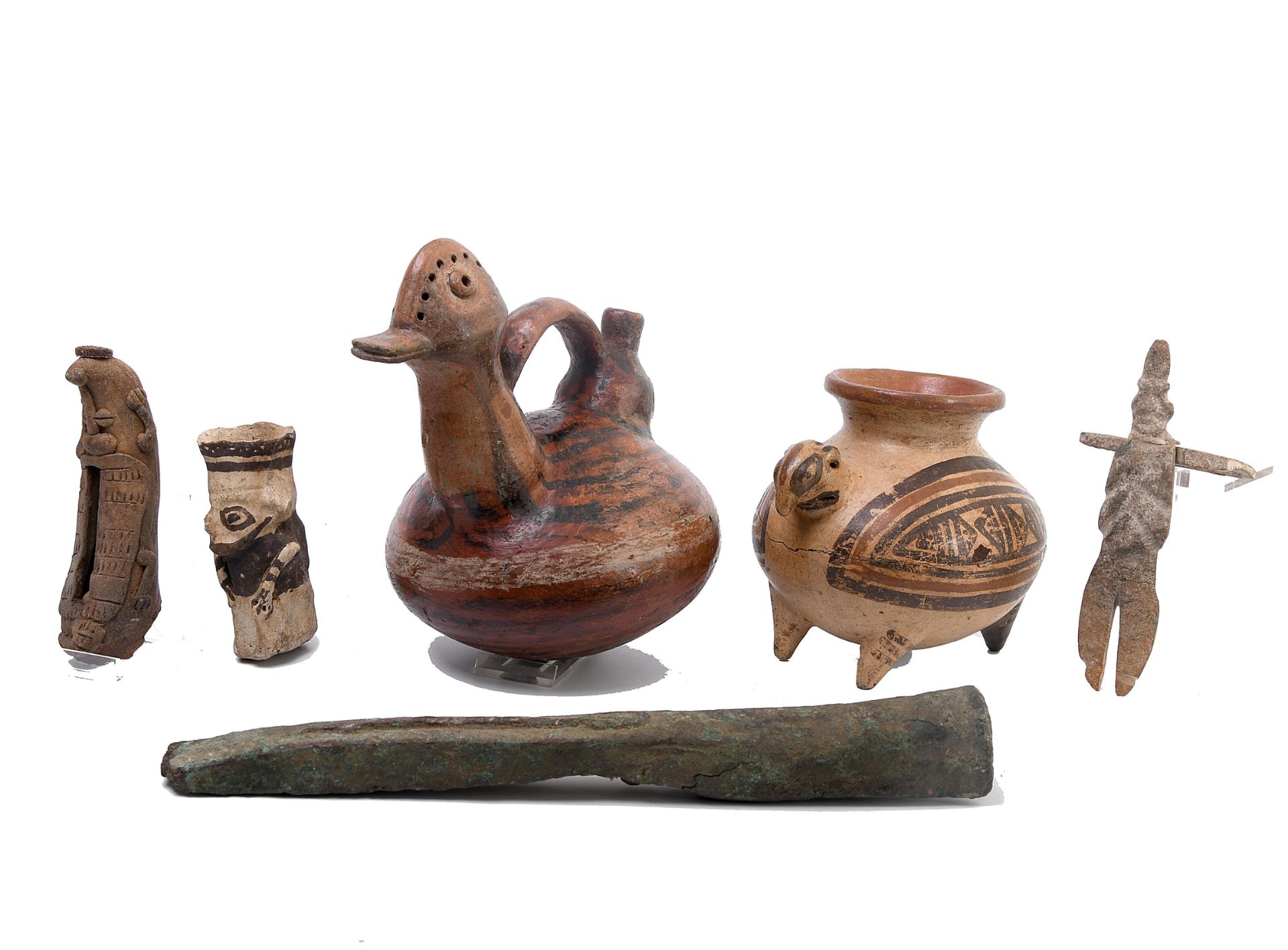 A collection of six various antique South American terracotta objects;