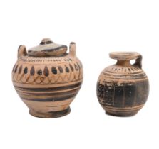 Corinthian earthenware pyxis, 6th-5th century BC and Corinthian arryballos, ca. 5th century BC;
