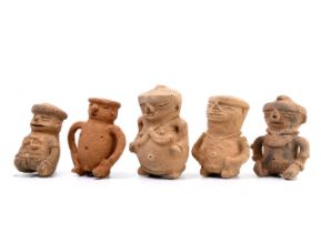 Colombia, Sinu region, five various seated terracotta figures, ca. 1200-1400 AD.