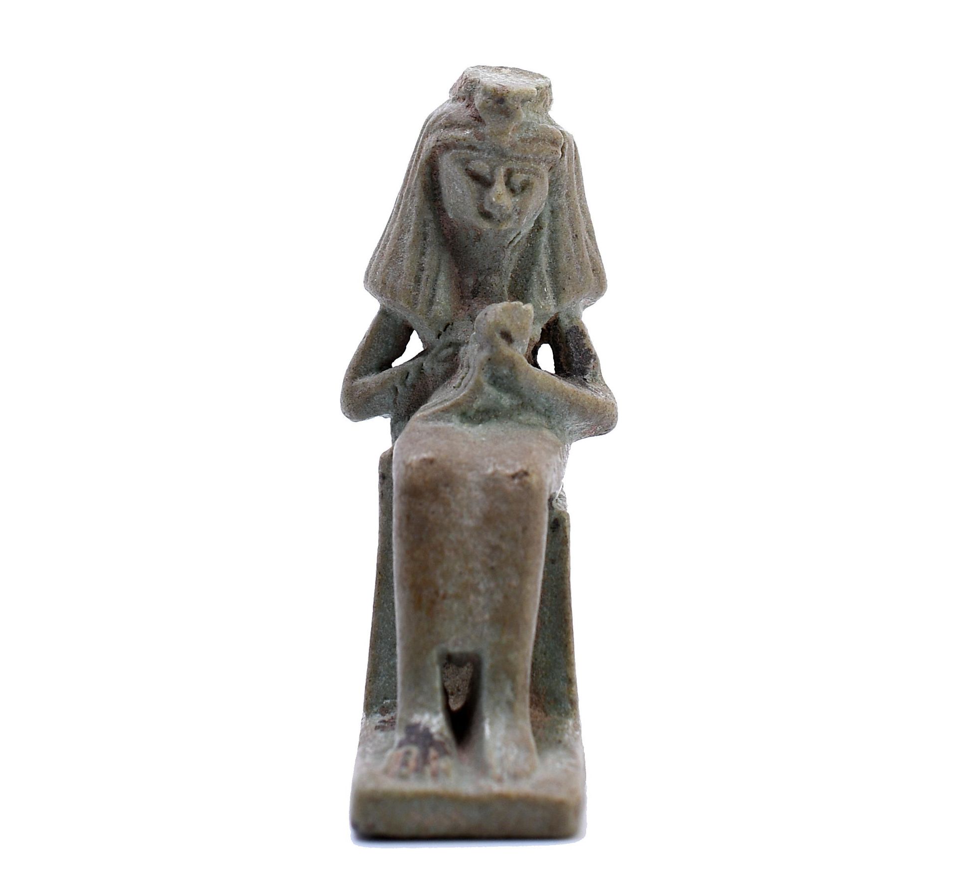 Egypt, a green faience amulet of Isis and Horus seated on a throne, Late Period. - Image 2 of 4