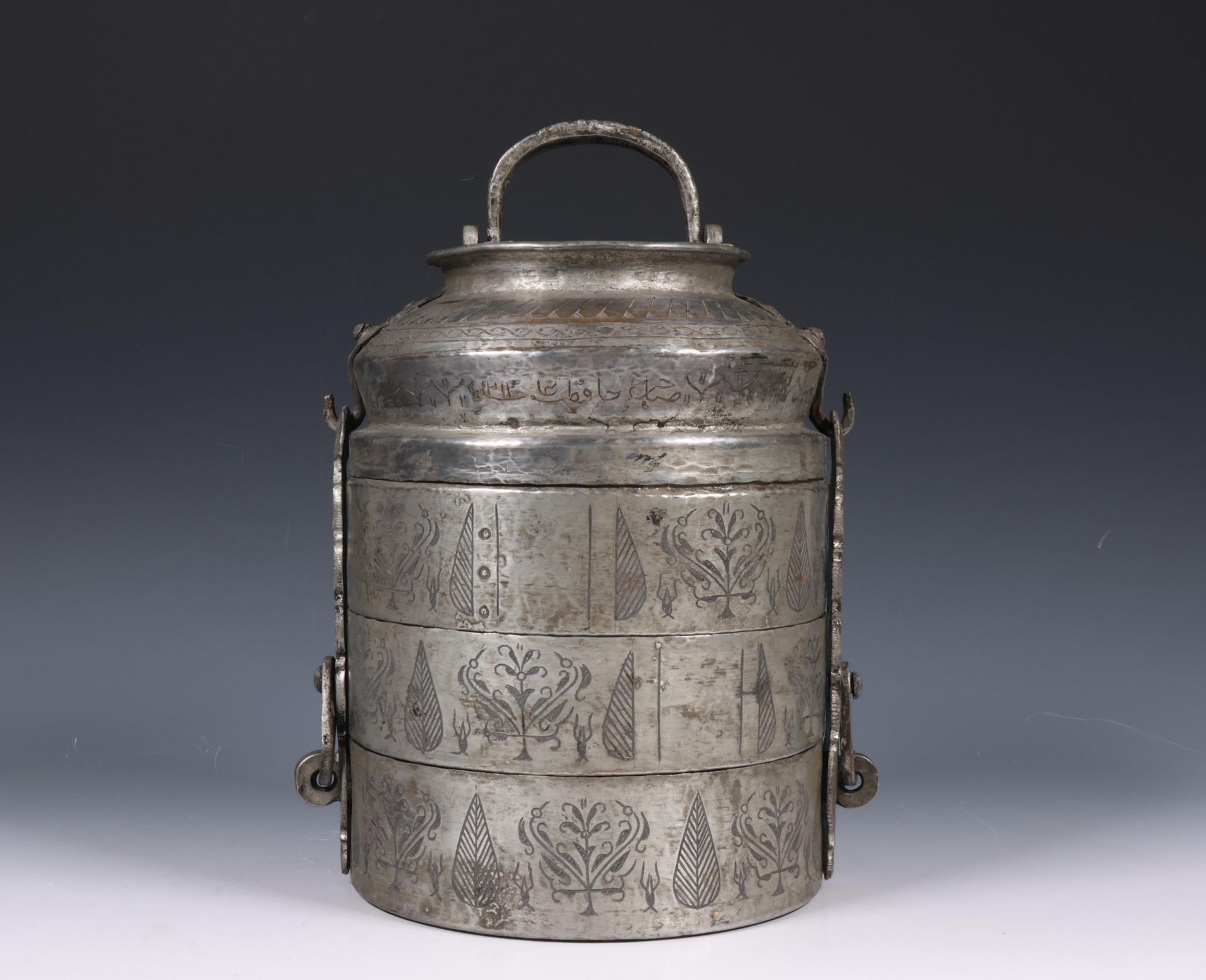 China, engraved metal three-tiered food container, 20th century, - Image 3 of 4