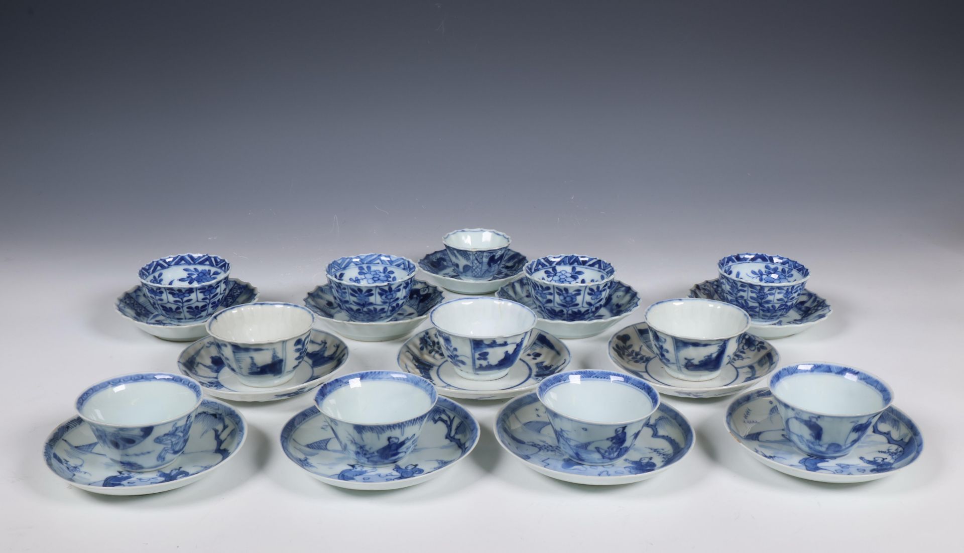 China, collection of blue and white cups and saucers, Kangxi period (1662-1722) and later,