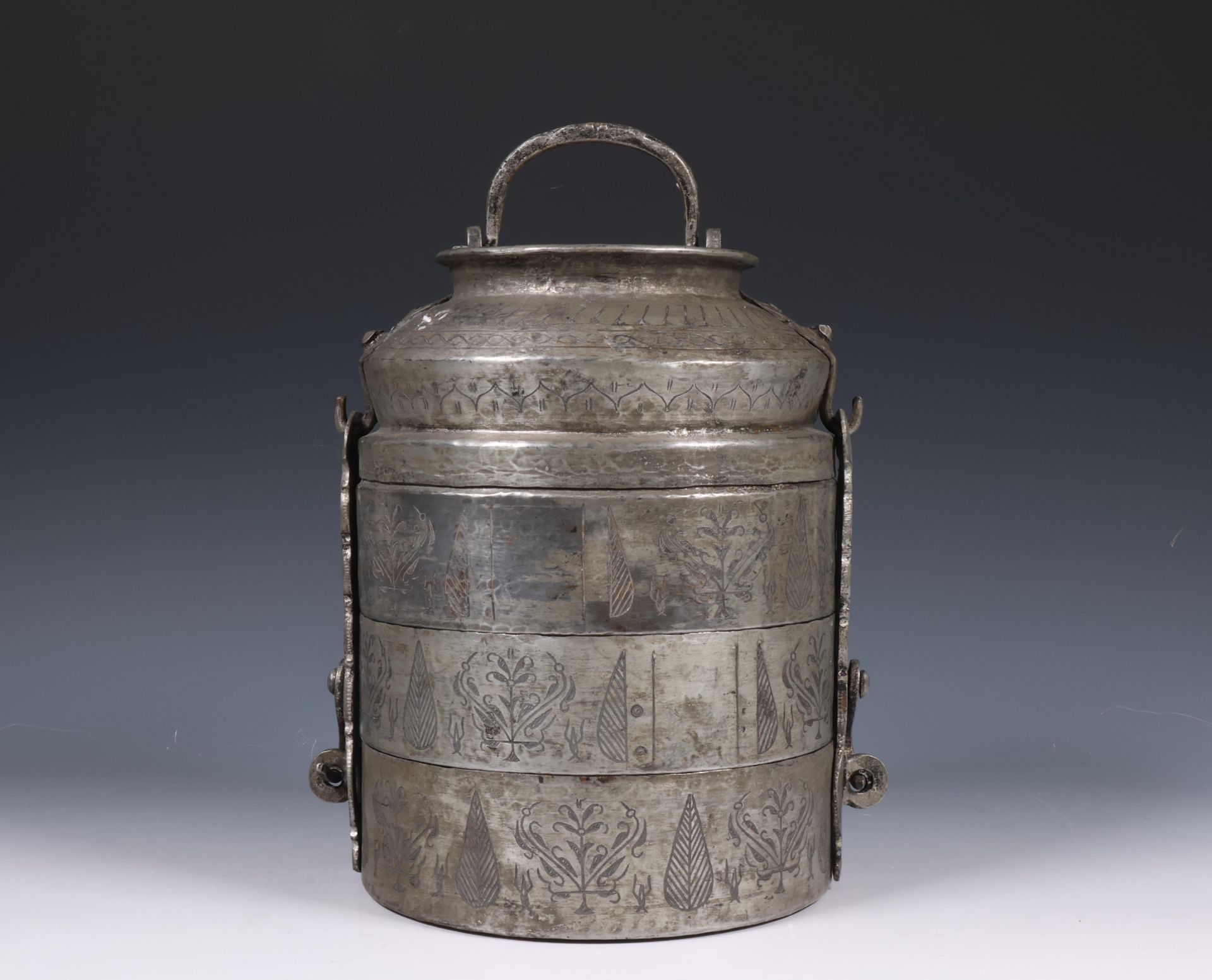China, engraved metal three-tiered food container, 20th century,