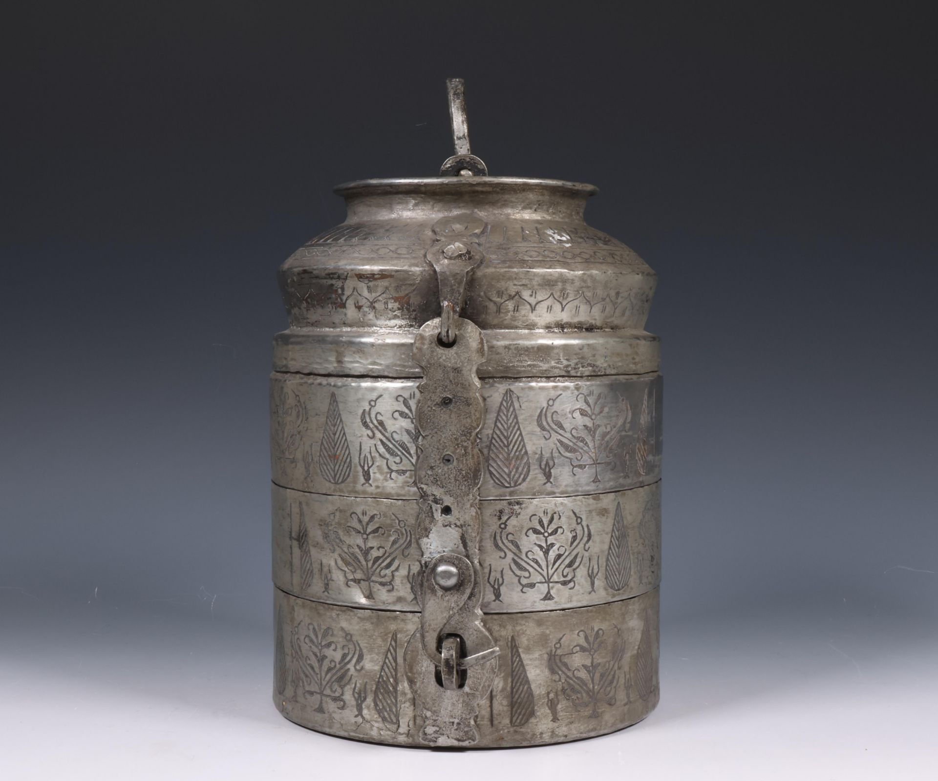 China, engraved metal three-tiered food container, 20th century, - Image 4 of 4