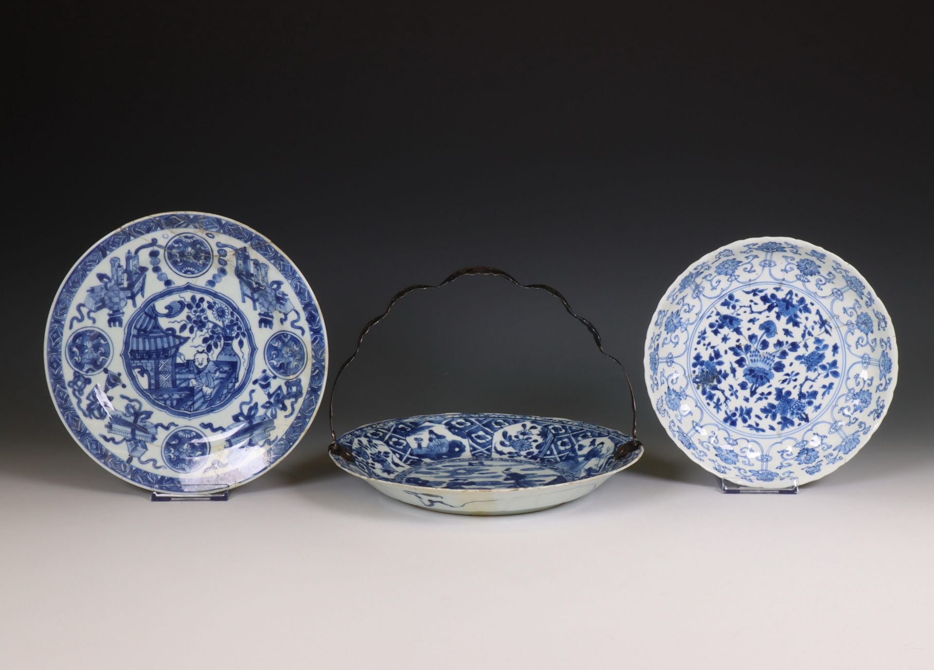 China, three blue and white porcelain dishes, Kangxi period (1662-1722),