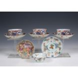 China, collection of Imari and famille verte porcelain cups and saucers, 18th century,
