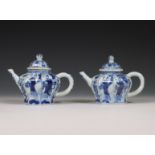 China, pair of octagonal blue and white porcelain teapots and covers, Kangxi period (1662-1722),