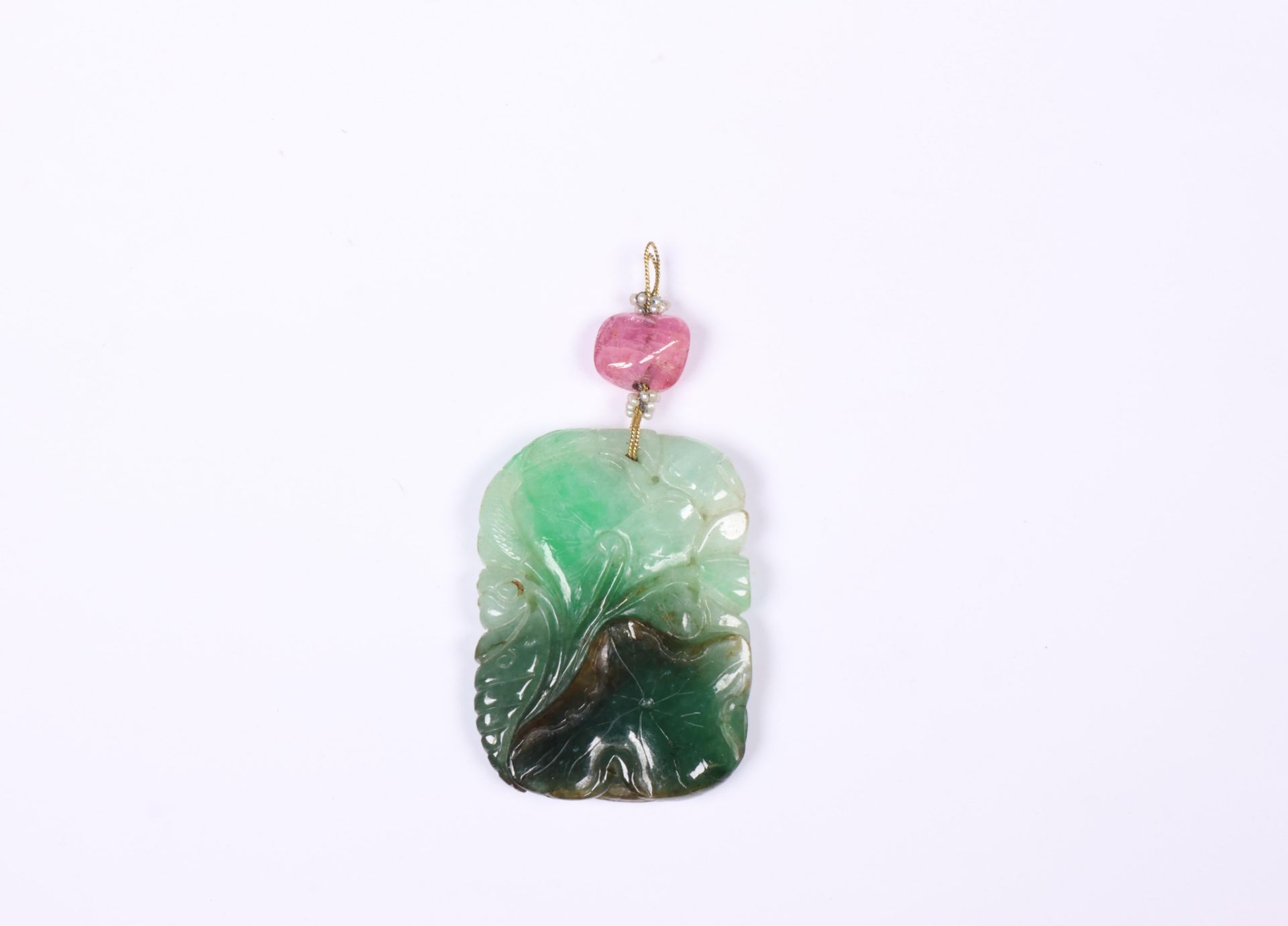 China, jadeite pendant with seed pearls and pink tourmaline bead,