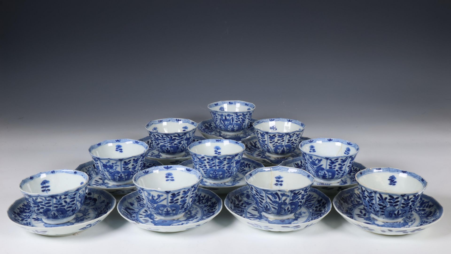 China, set of ten blue and white cups and saucers, Kangxi period (1662-1722),