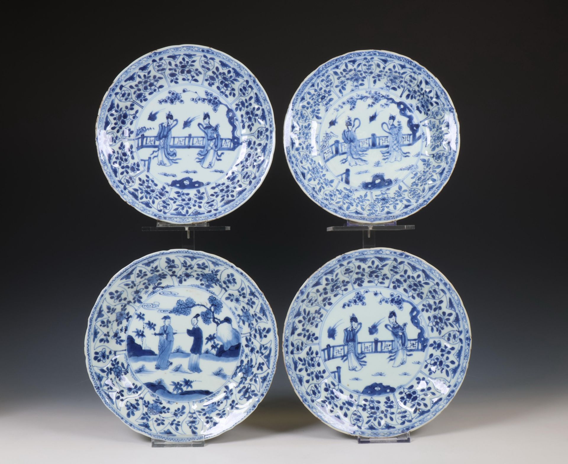 China, set of three and one blue and white porcelain plates, Kangxi period (1662-1722),