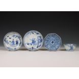China, blue and white porcelain cup and saucer and two saucers, 18th century,