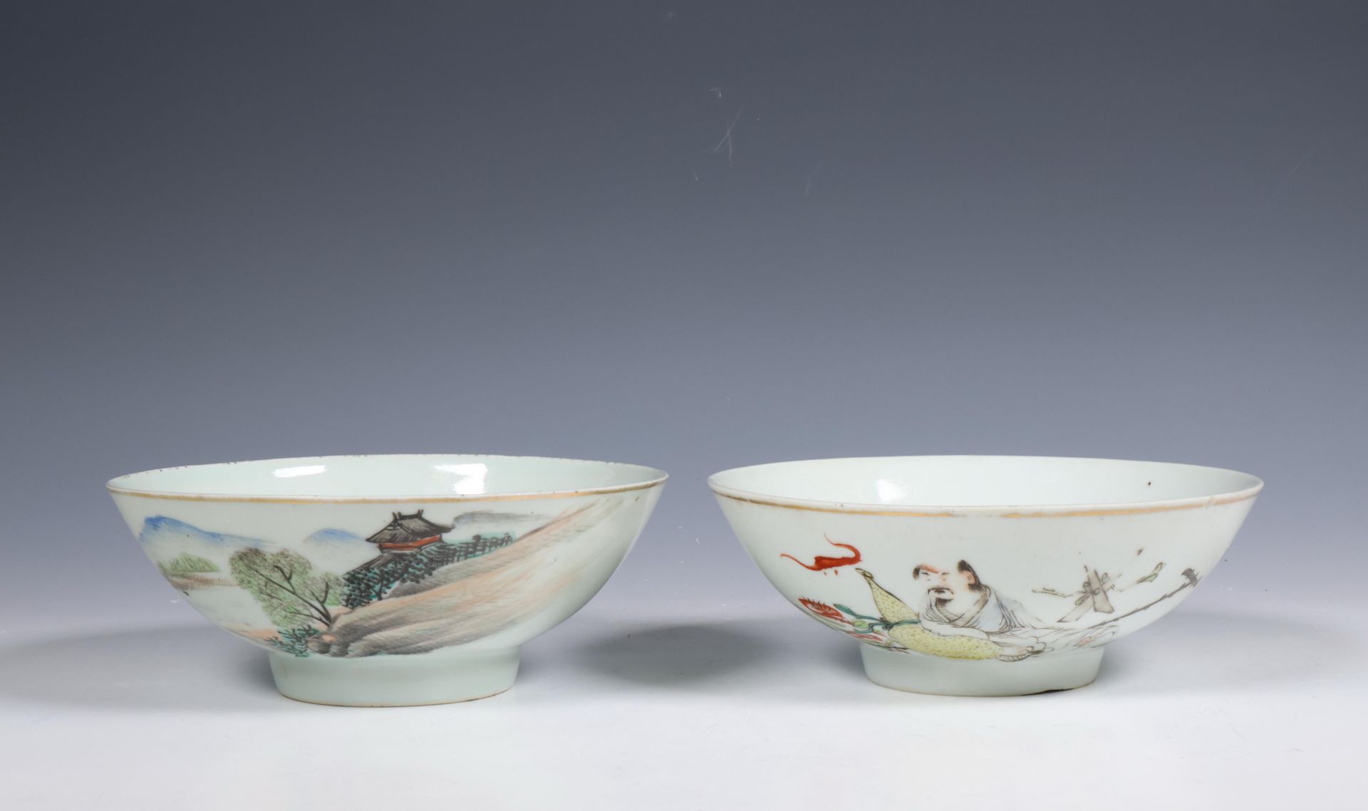 China, two famille verte porcelain 'calligraphic' bowls, 20th century,