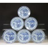 China, set of six blue and white porcelain 'Romance of the Western Chamber' plates, early 18th centu