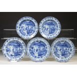 China, set of five deep blue and white porcelain 'Romance of the Western Chamber' plates, early 18th