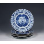 China, set of six blue and white porcelain plates, Kangxi period (1662-1722),