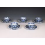 China, associated set of five blue and white porcelain cups and saucers, Kangxi period (1662-1722),