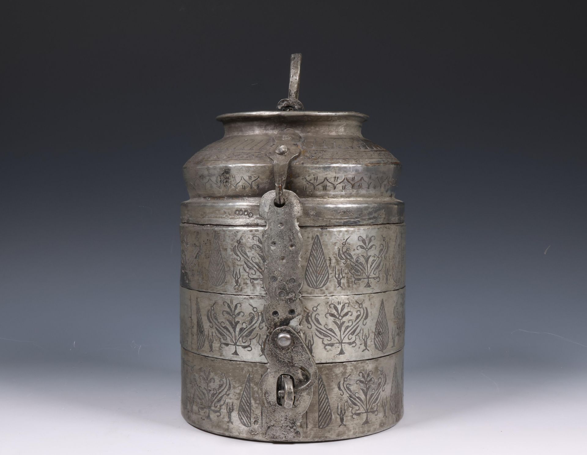 China, engraved metal three-tiered food container, 20th century, - Image 2 of 4