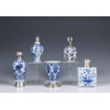 China, five small various silver-mounted blue and white porcelain vessels, 18th-19th century,
