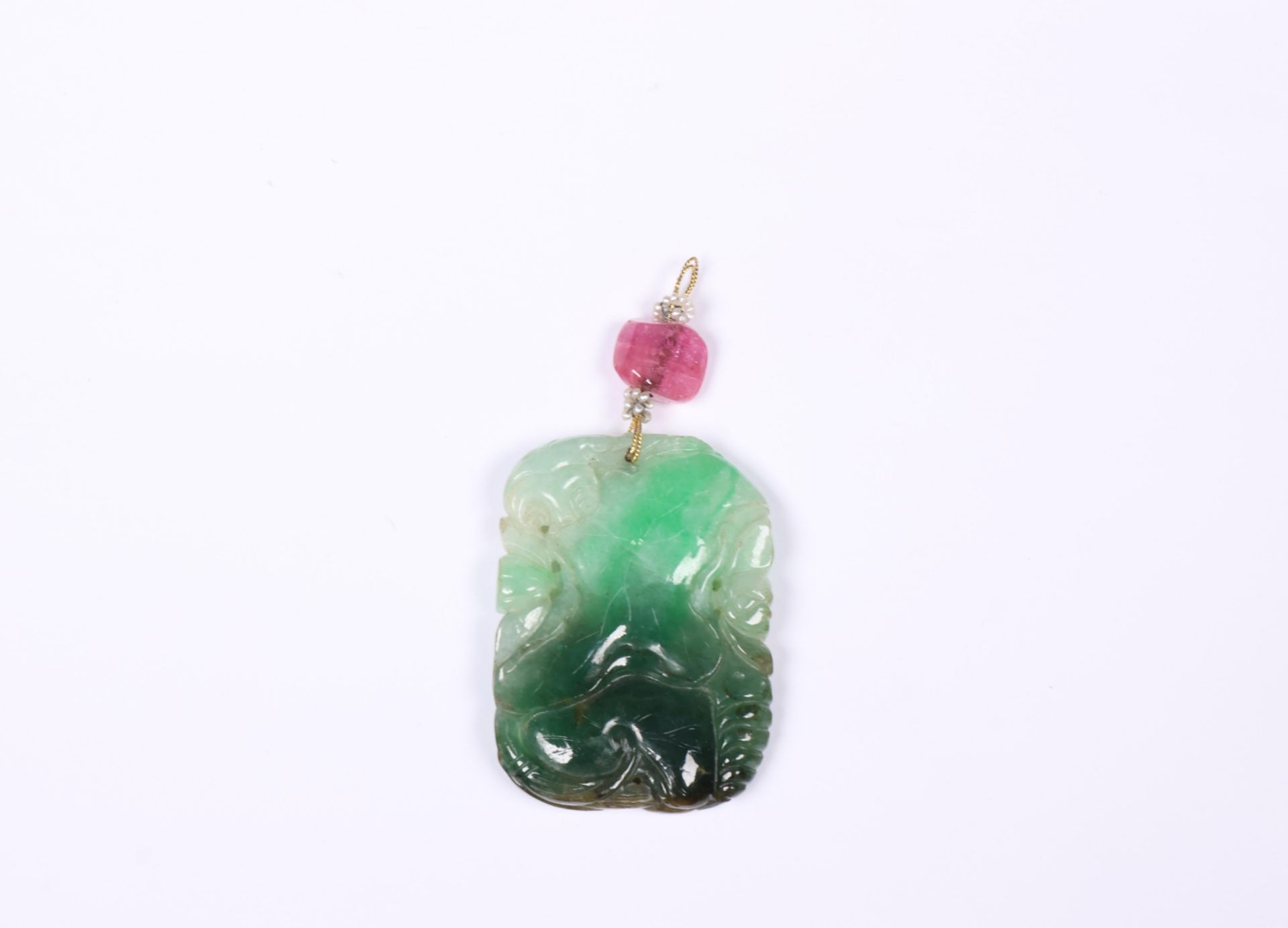 China, jadeite pendant with seed pearls and pink tourmaline bead, - Image 2 of 3