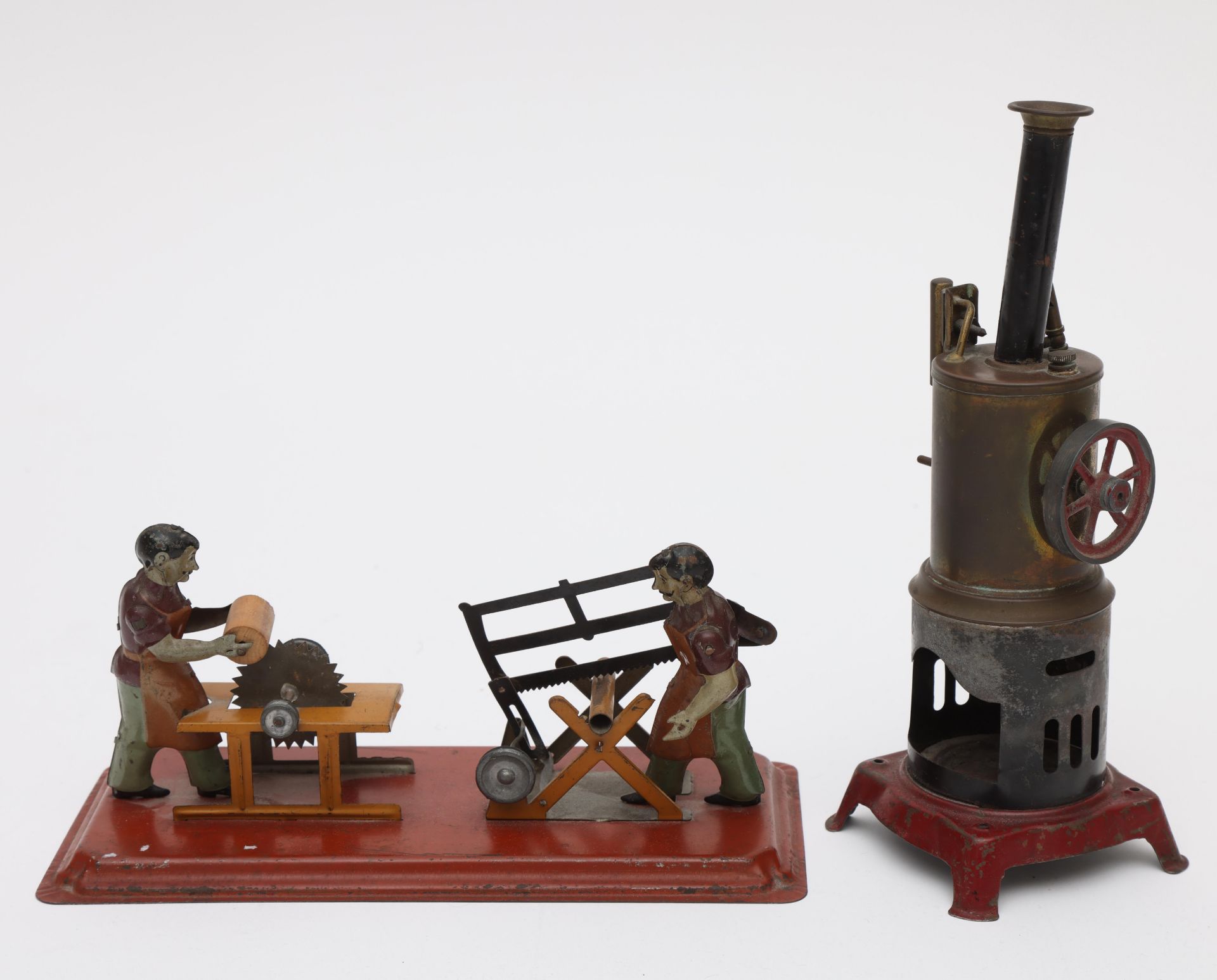 Blikken stoommachine en aandrijfmodel zagerij en slijperij, ca. 1920