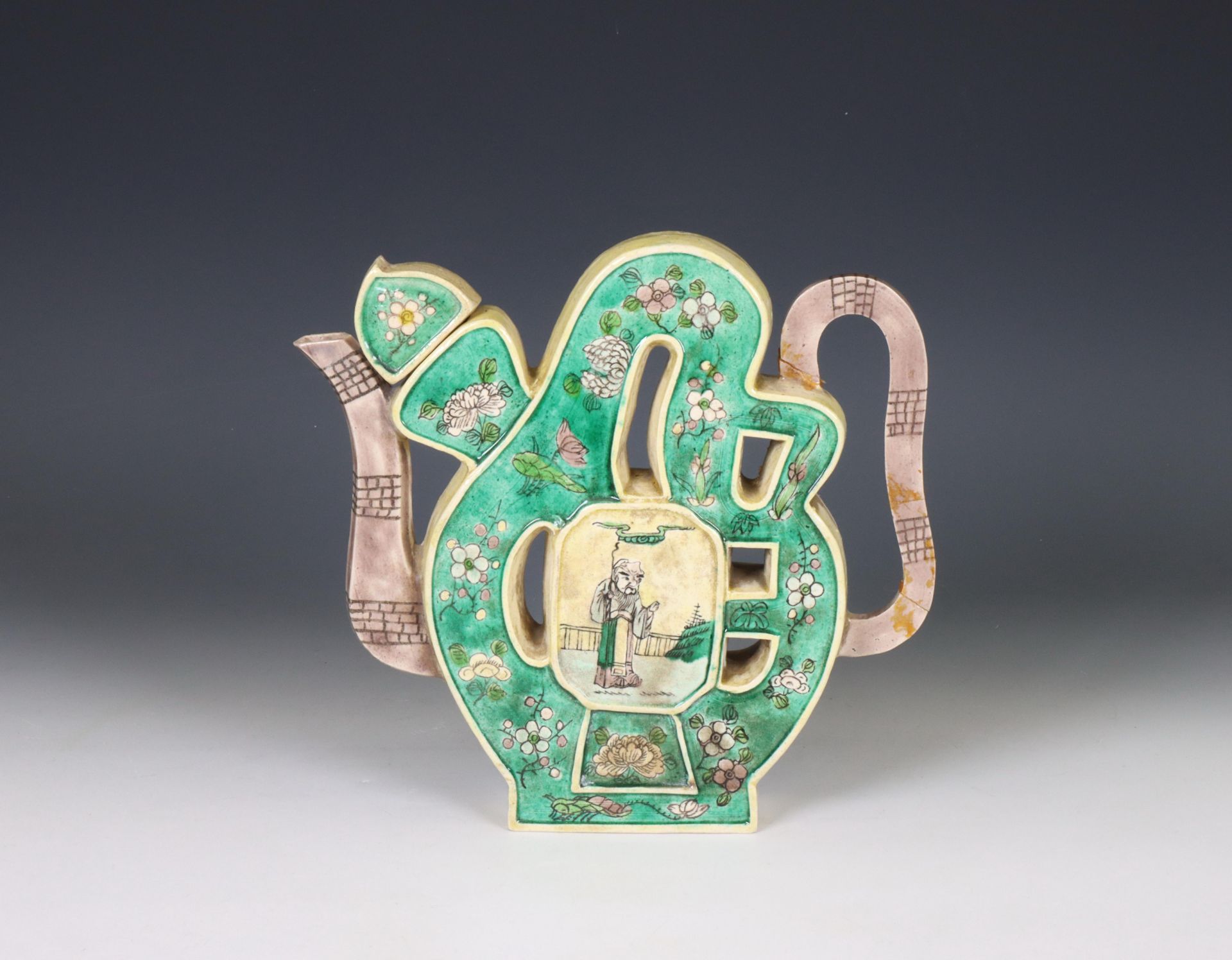 China, famille verte biscuit puzzle teapot and cover, 19th century,