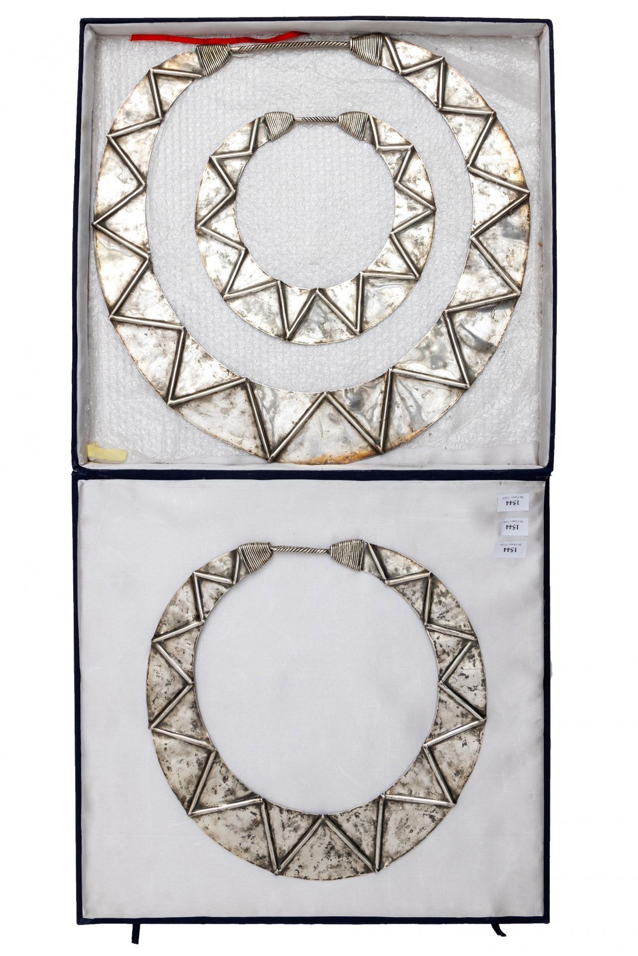 China, Guizhou, Miao, Jianhe area, a silver alloy necklace in three separate broad bands; - Image 2 of 2