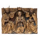 Zuid Duitsland, deels vergulde en gepolychromeerde lindehouten groep, de kroning van Maria, ca. 1520