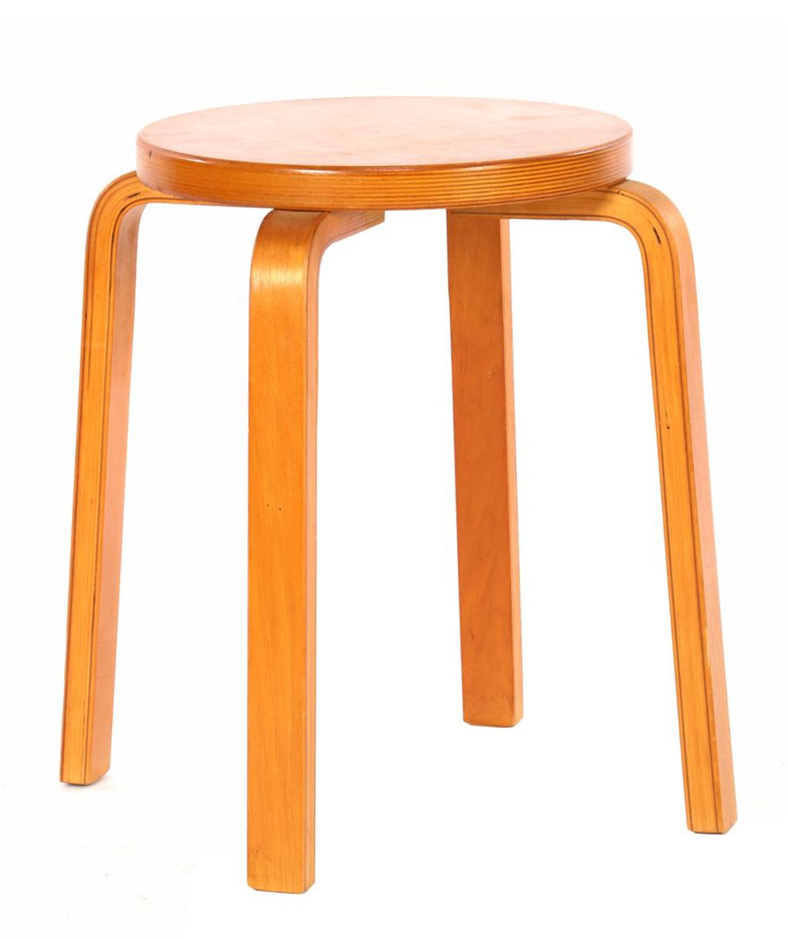 Curved birch wood stool with plywood seat, mid 20th century, 44 cm high