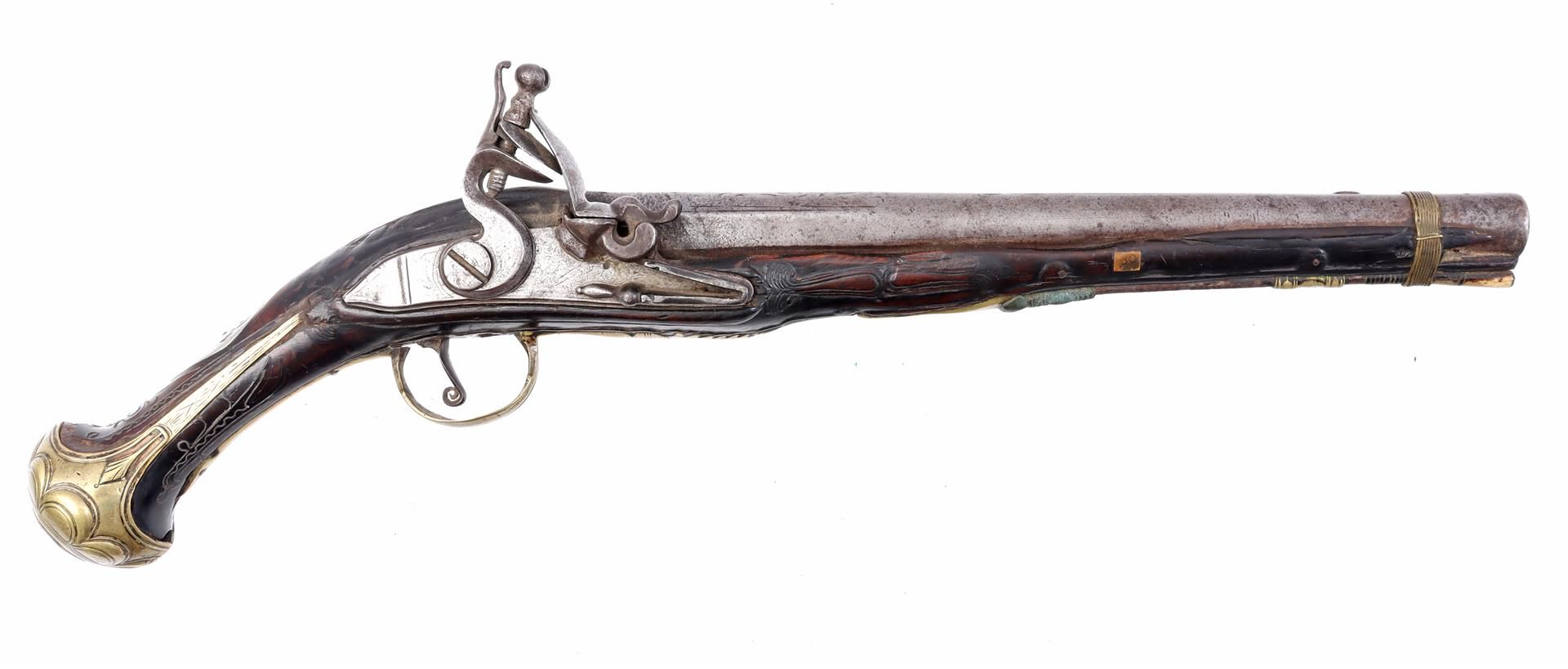 Walnut, brass and metal flint pistol