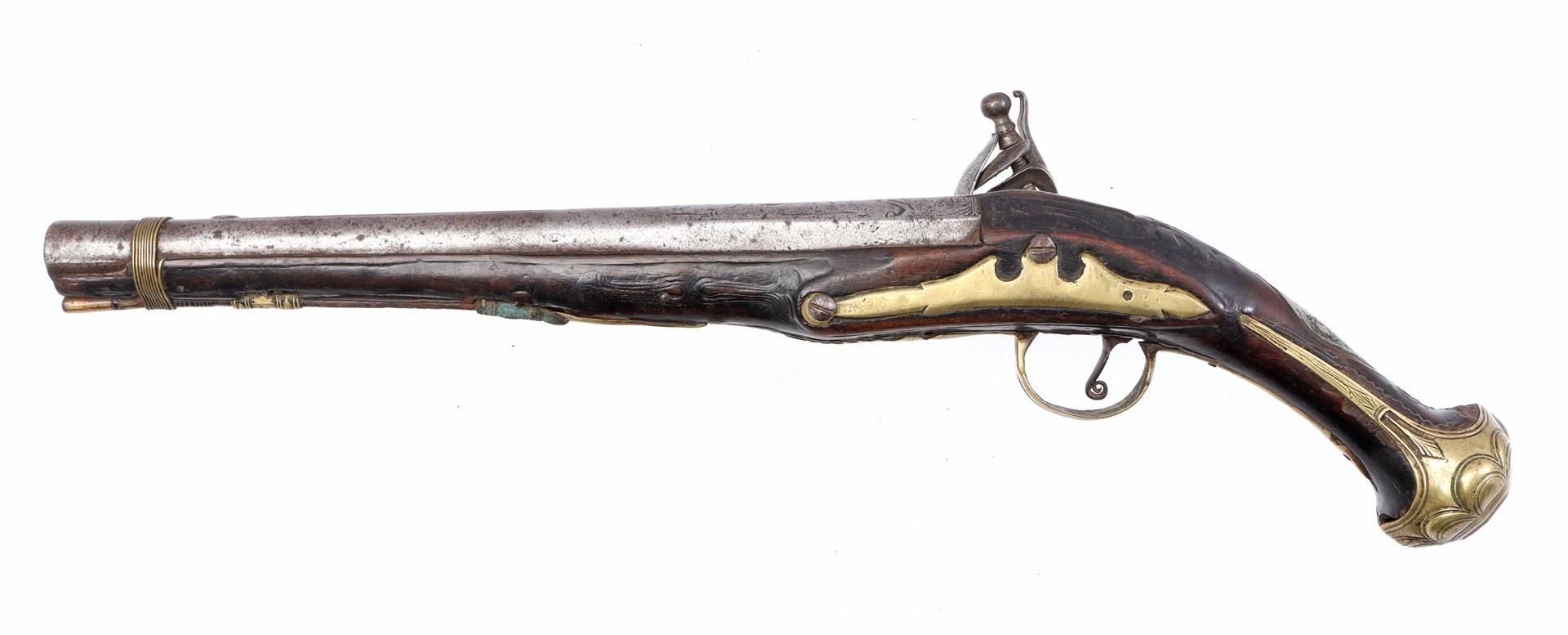Walnut, brass and metal flint pistol - Image 2 of 8