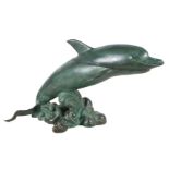 2-part bronze sculpture of a dolphin
