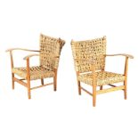 2 armchairs with woven cane back