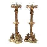 2 brass Gothic style pin candlesticks