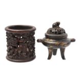 Wooden carved brush pot and incense burner