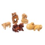 5 wooden figurines including Netsuke, Japan