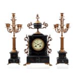 Black marble mantel clock set, movement marked Marti