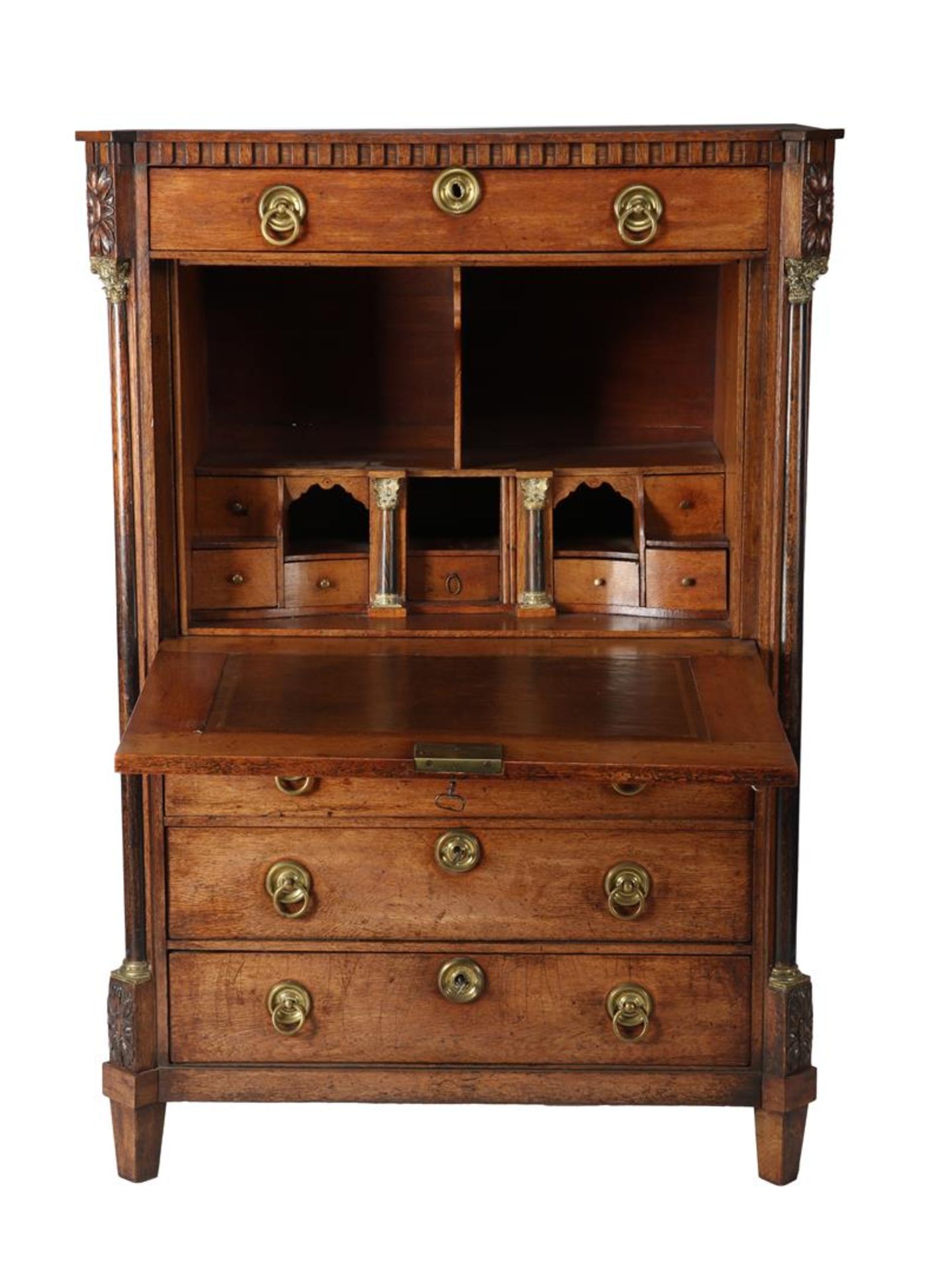 Oak secretary with beautiful nesting behind the flap with many drawers