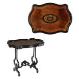 Mahogany veneer table with marquetry decoration in the top