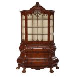 Burr walnut veneer 2-piece porcelain cabinet with 1-door top cabinet