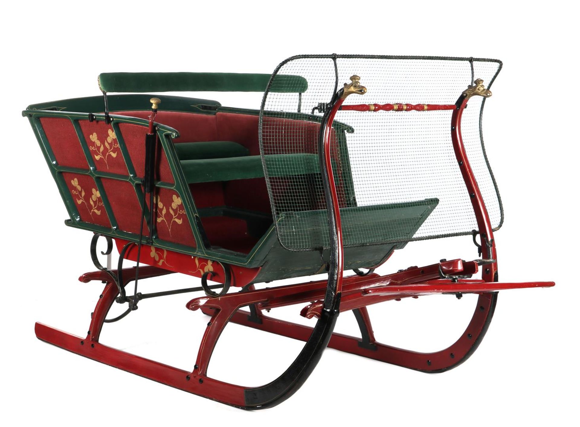 Green and red lacquered wooden and metal sleigh with upholstery